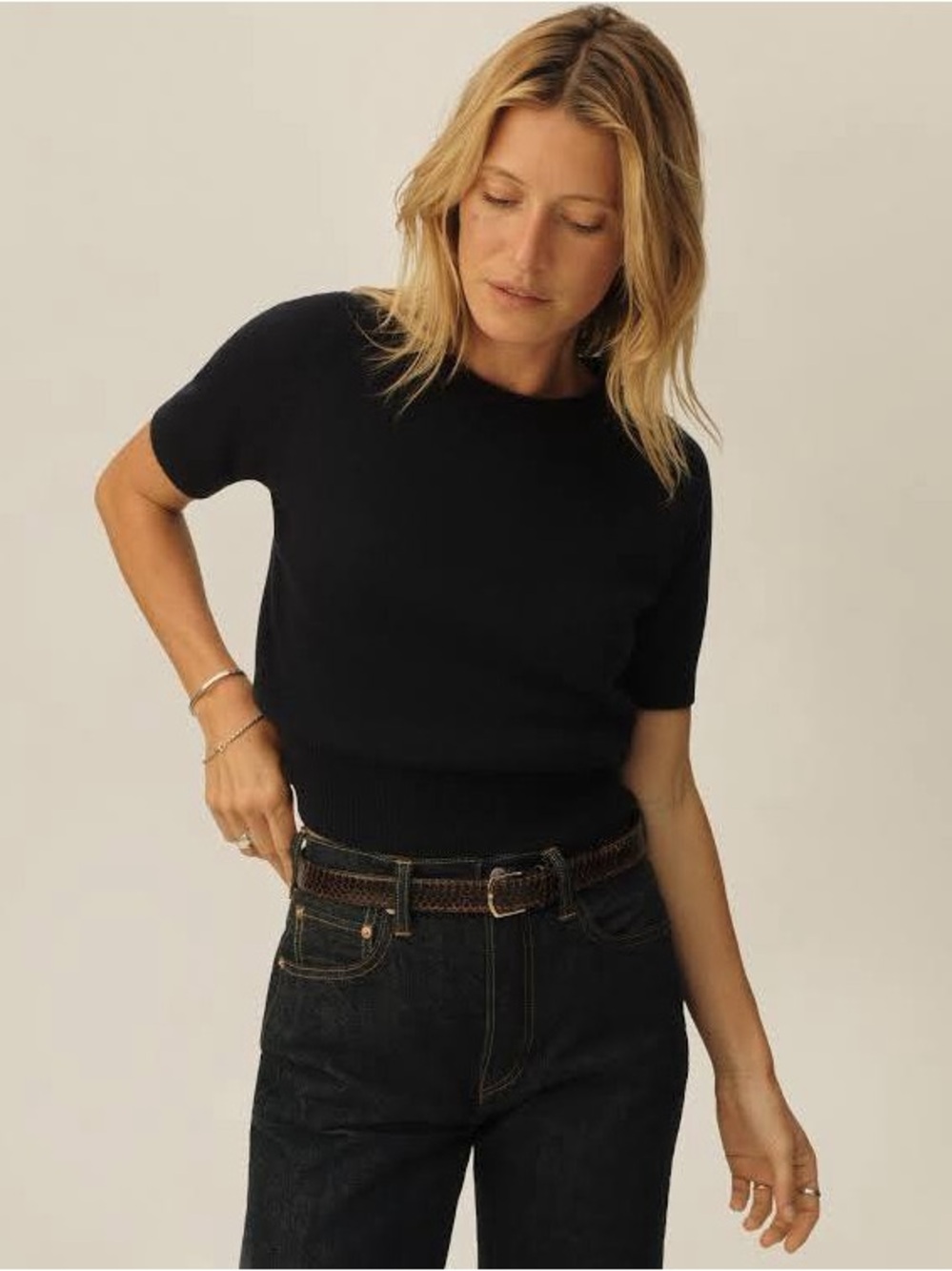 Buck Mason, navy blue cotton, cashmere, crewneck sweater, boxy top M